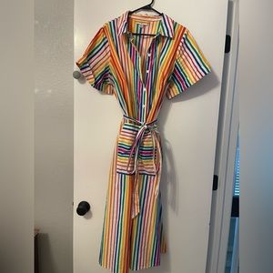Brightly colored, striped midi shirt dress